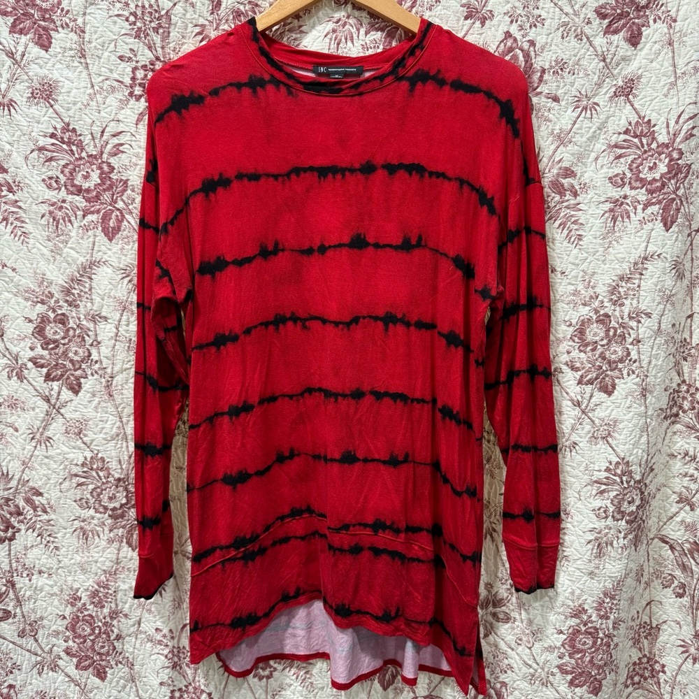INC Red & Black Tie Dye Long Sleeve Tunic Top Size M